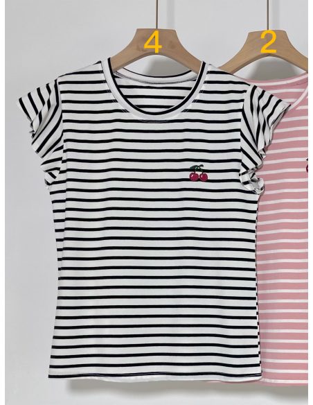 Camiseta rayas cerezas manga volantes