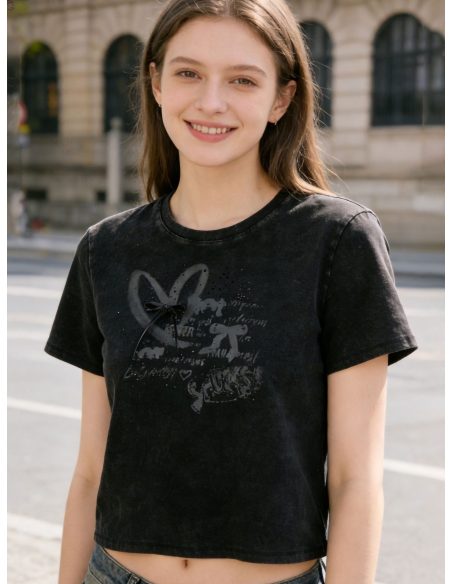 Faded-effect heart t-shirt with bows and rhinestone