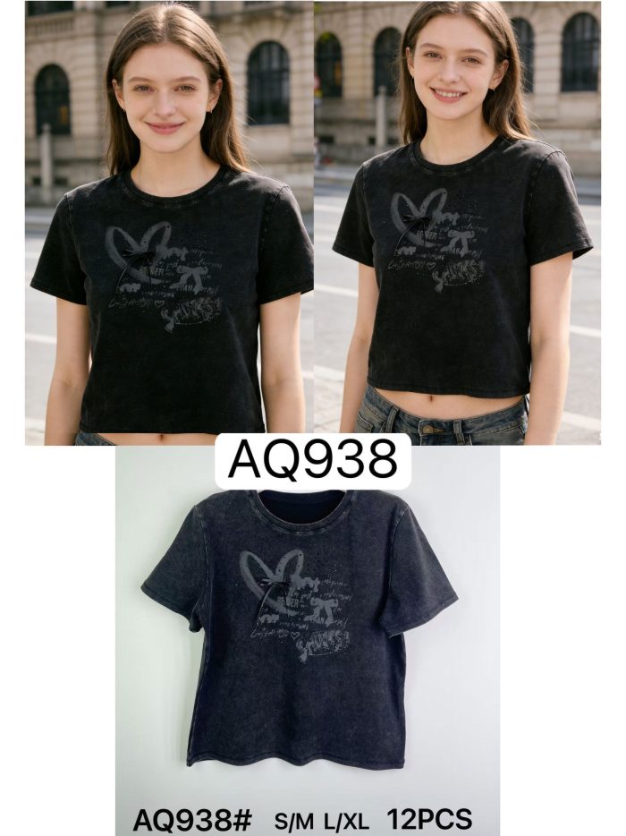 Faded-effect heart t-shirt with bows and rhinestone