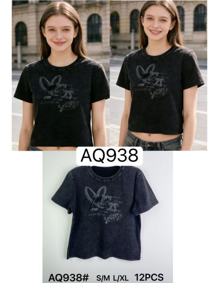 Faded-effect heart t-shirt with bows and rhinestone