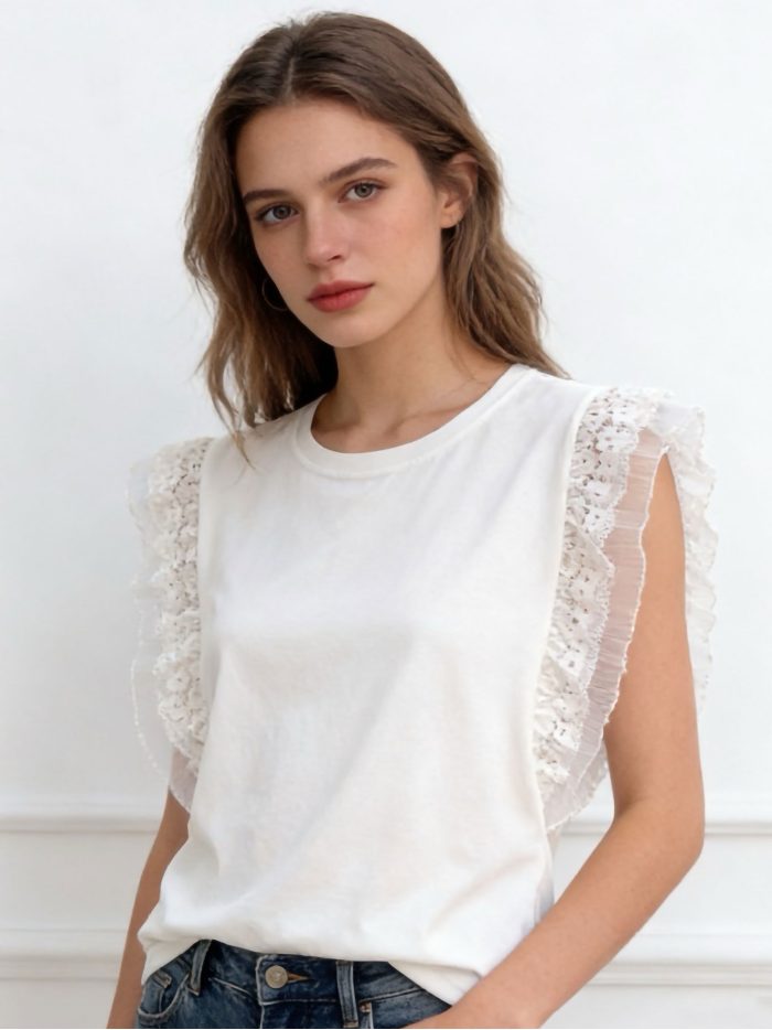 Camiseta sin mangas volantes encaje