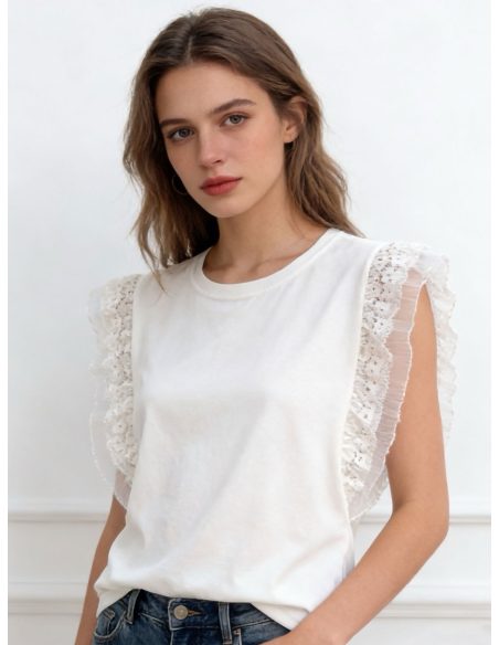 Camiseta sin mangas volantes encaje