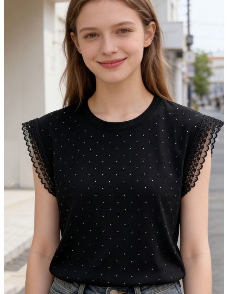 Camiseta sin mangas strass y encaje