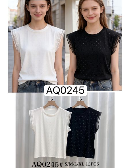 Camiseta sin mangas strass y encaje