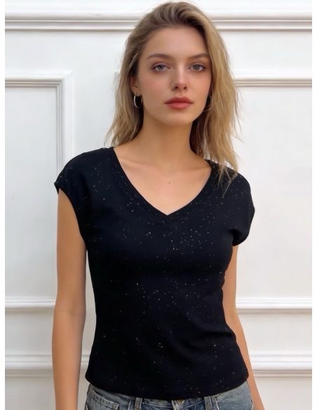 T-shirt sans manches à col en V orné de strass