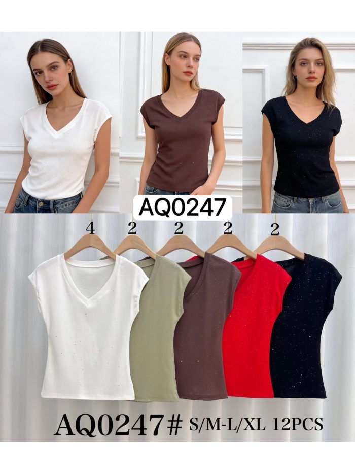 T-shirt sans manches à col en V orné de strass