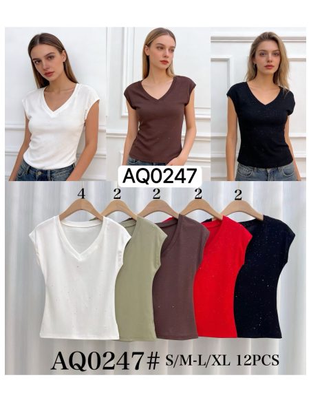 T-shirt sans manches à col en V orné de strass