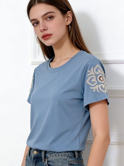 Embroidered-sleeve t-shirt