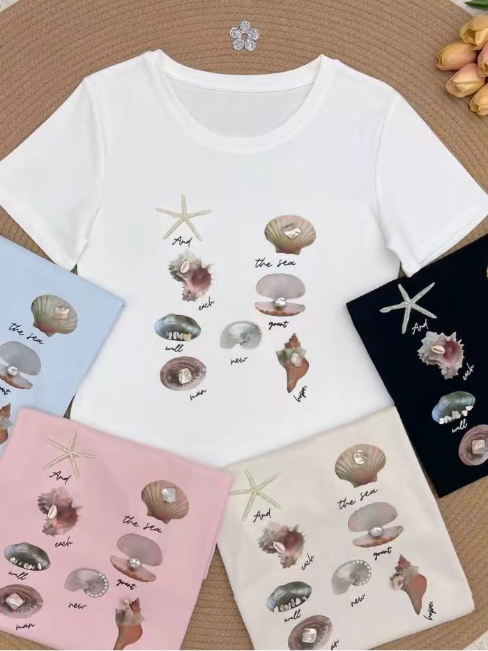 Camiseta print conchas marinas perlas