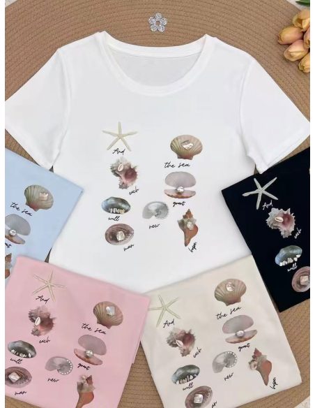 Camiseta print conchas marinas perlas