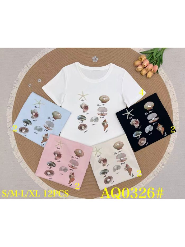 Camiseta print conchas marinas perlas