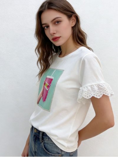 Camiseta print foto y manga encaje