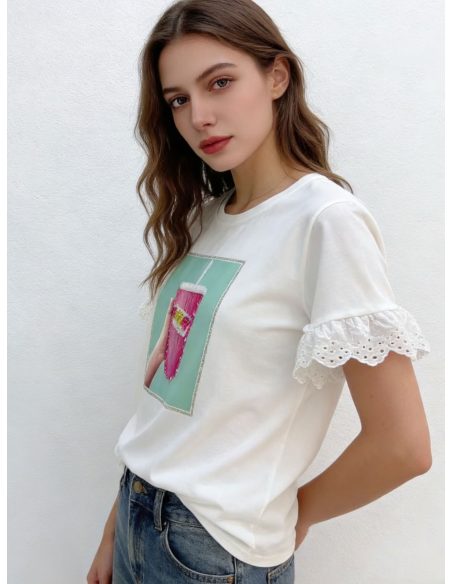 Camiseta print foto y manga encaje