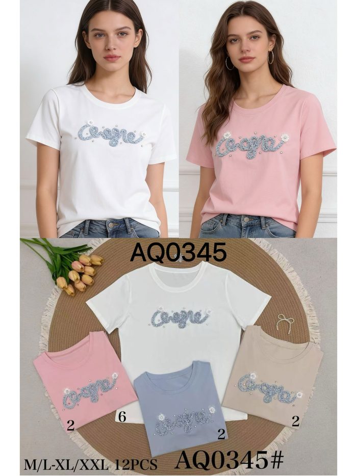 Camiseta texto cuerda aplique y perlas