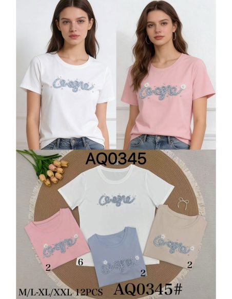 Camiseta texto cuerda aplique y perlas