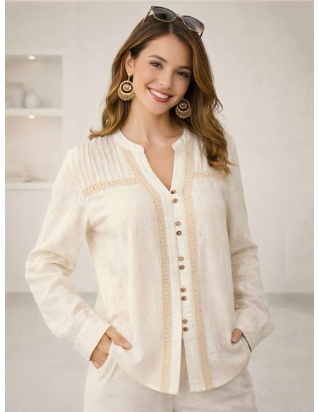 Camisa lino encaje y pliegues