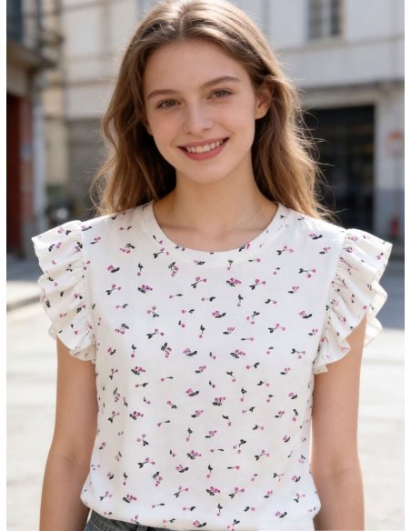 T-shirt cerise à manches volantées MF-AQ840. Vente aux travailleurs indépendants et aux entreprises.