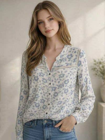 Camisa lino estampada encaje