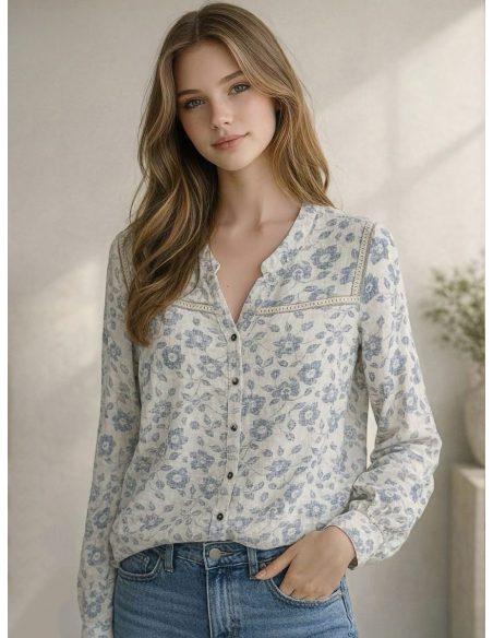 Camisa lino estampada encaje