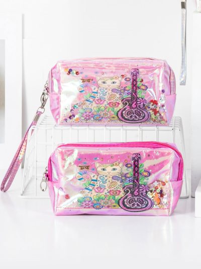 Estuche neceser holográfico de gatito y guitarra