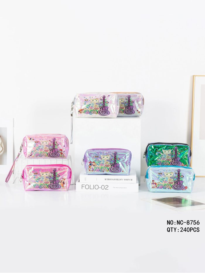 Estuche neceser holográfico de gatito y guitarra