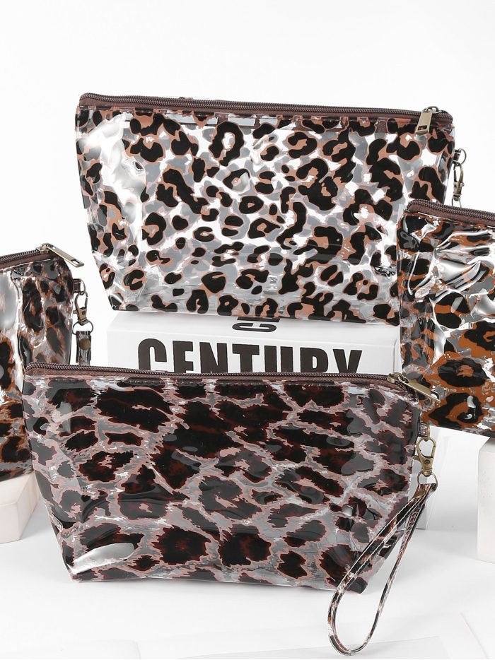 Borsa da toilette in vinile trasparente con stampa animalier