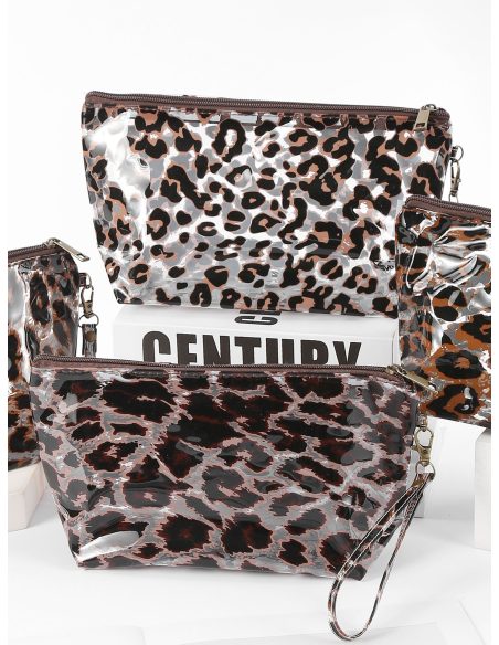 Borsa da toilette in vinile trasparente con stampa animalier