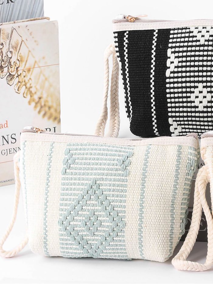Woven boho wristlet toiletry bag with rope strap