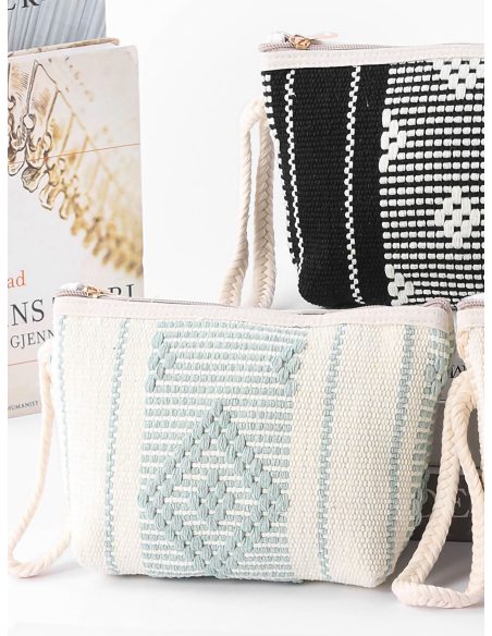 Woven boho wristlet toiletry bag with rope strap