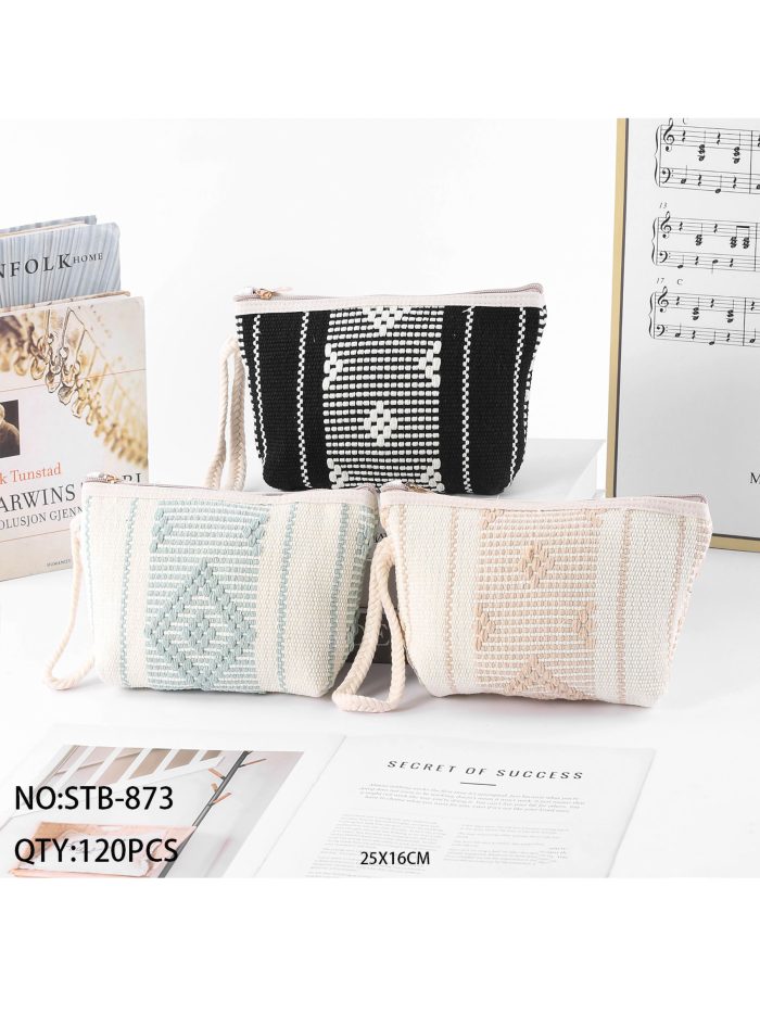 Woven boho wristlet toiletry bag with rope strap