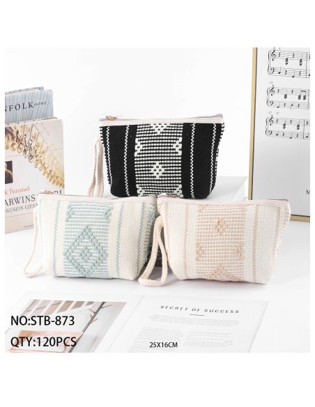 Woven boho wristlet toiletry bag with rope strap