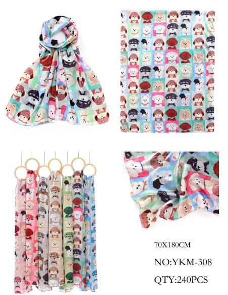 Cachecol com estampa patchwork de cachorrinhos e detalhes dourados.