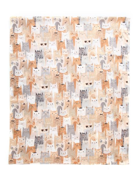 Cachecol multicolorido com estampa de gato e detalhes dourados.