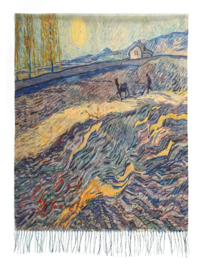 Fular estampado artístico metalizado flecos