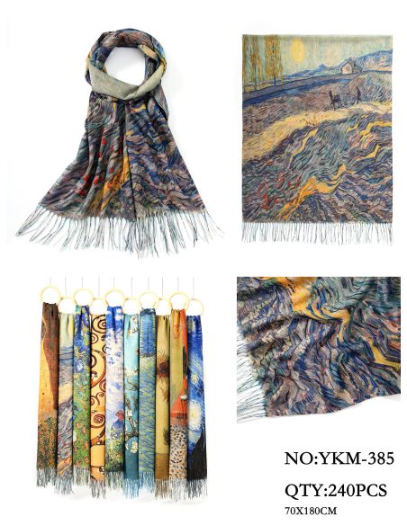 Lenço metálico com estampa artística e franjas.