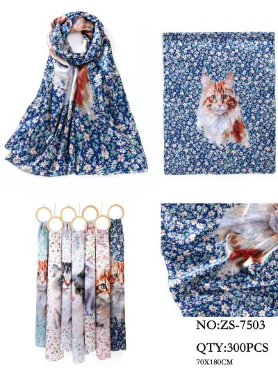 Pañuelo estampado gato floral efecto seda 2