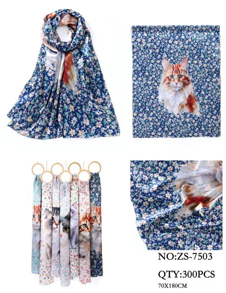 Lenço com estampa floral de gato e efeito seda.