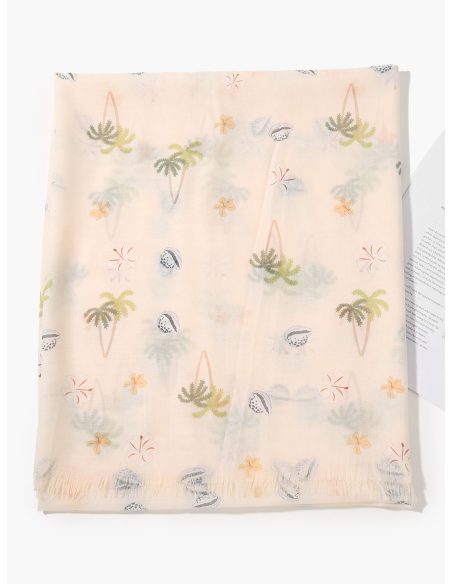 Lenço tropical com palmeiras e conchas.