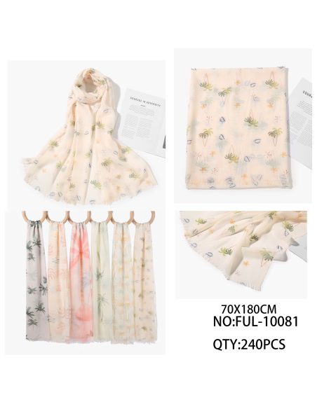 Lenço tropical com palmeiras e conchas.