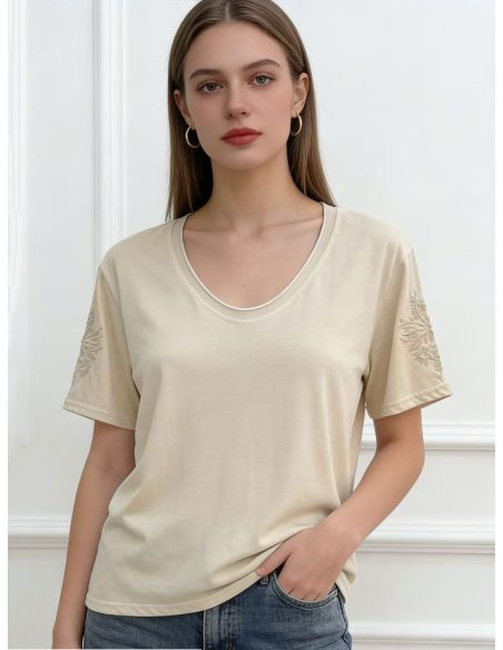 T-Shirt mit V-Ausschnitt und floral bestickten Ärmeln MF-AQ0287 – Lieferant für Online-Shop