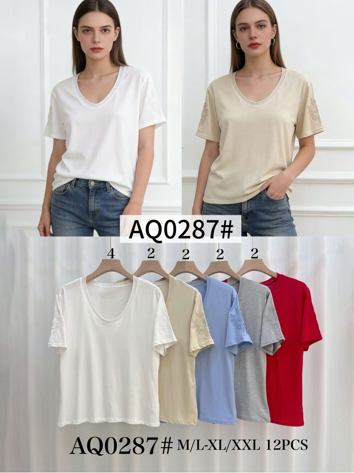 T-Shirt mit V-Ausschnitt und floral bestickten Ärmeln MF-AQ0287 – Lieferant für Online-Shop