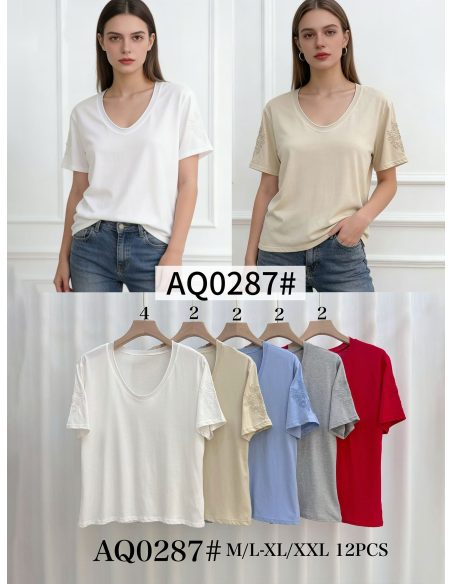 T-Shirt mit V-Ausschnitt und floral bestickten Ärmeln MF-AQ0287 – Lieferant für Online-Shop