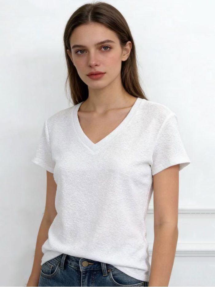 Camiseta com decote em V e glitter MF-AQ943 Venda exclusiva para autônomos e empresas