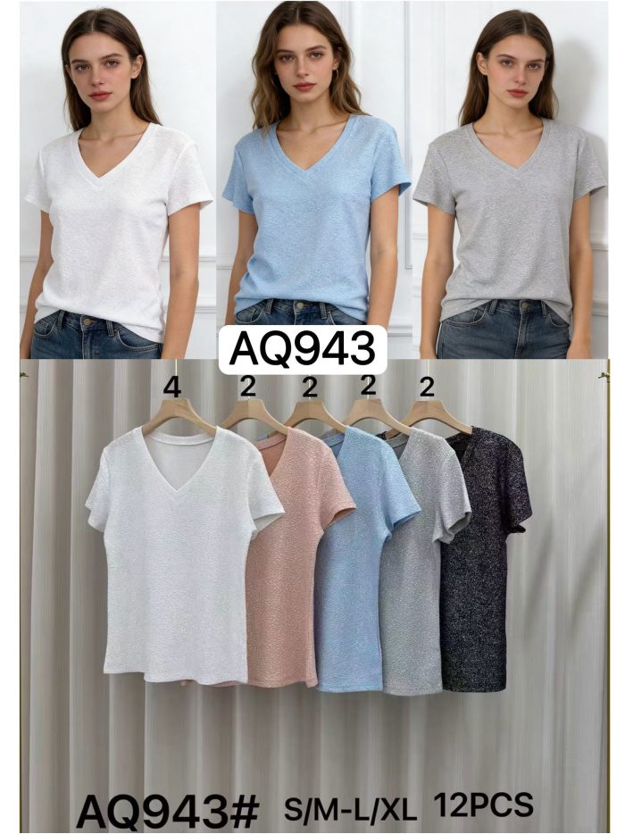 Camiseta com decote em V e glitter MF-AQ943 Venda exclusiva para autônomos e empresas