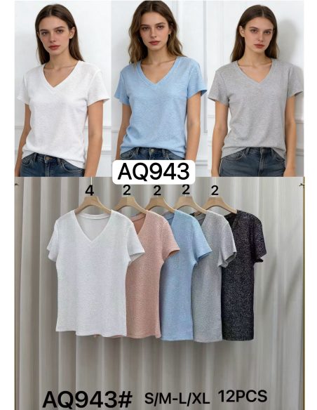 Camiseta com decote em V e glitter MF-AQ943 Venda exclusiva para autônomos e empresas