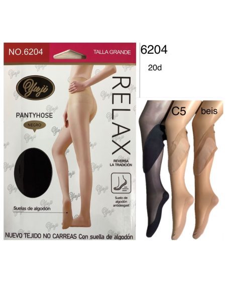 Panty 20 den talla grande sin carreras con suela de algodón