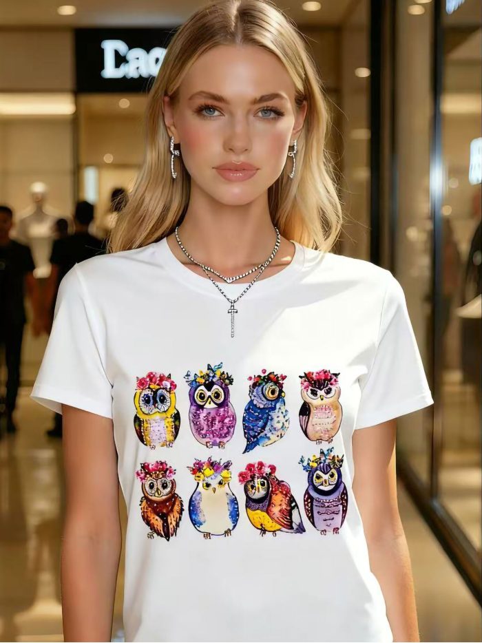 Camiseta com estampa de coruja multicolorida