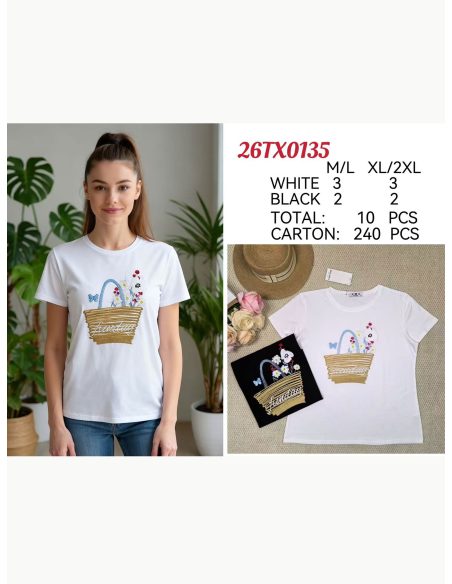 maglietta con cesto floreale ricamato