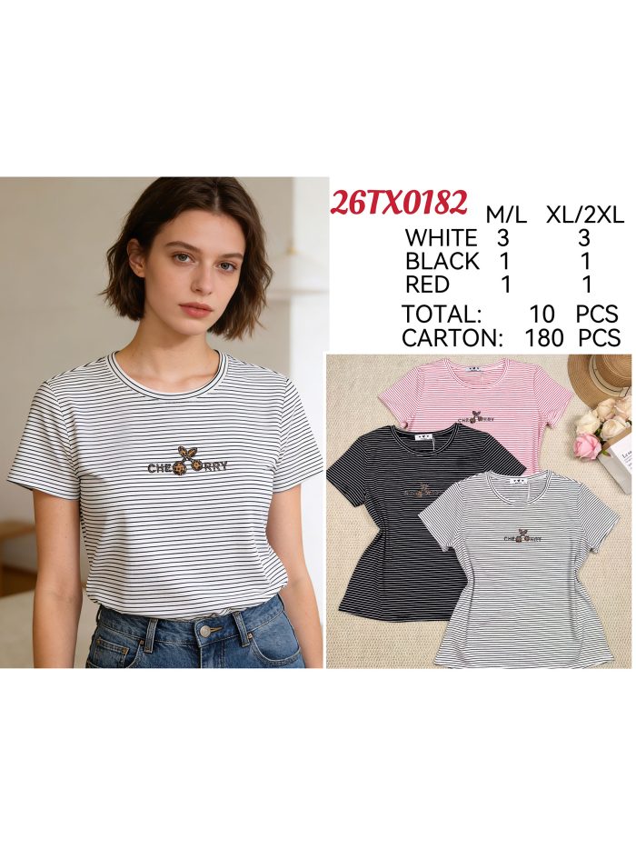 Besticktes, kirschgestreiftes T-Shirt