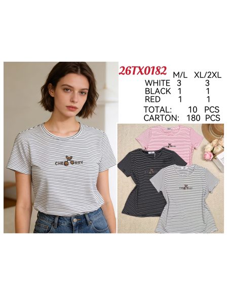 Besticktes, kirschgestreiftes T-Shirt